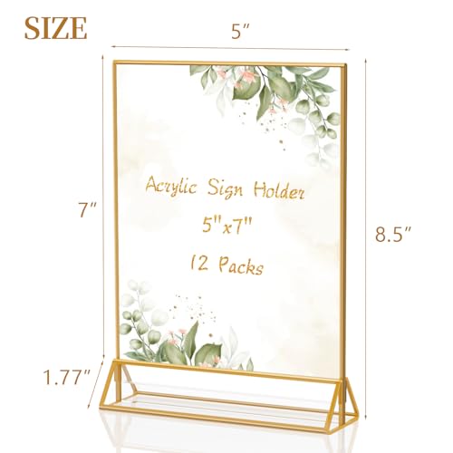Gold Frames 5 x 7 Acrylic Sign Holder Double Sided Wedding Table Number Holder Clear Plastic Gold Picture Frames Flyer Holder for Table Menu Photo Display-12 Packs
