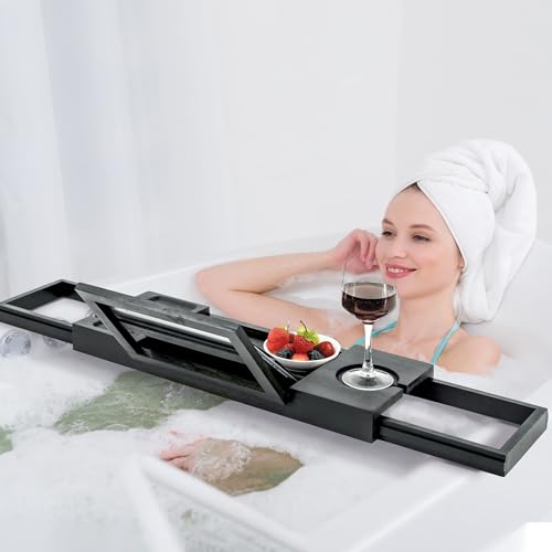 Utoplike Bamboo Bathtub Tray Black, Adjustable Bath Caddy Table for Tub, Bathroom Organizer with Book Tablet Wine Glass Cup Towel Holder - color: 19.8-33.5 in Black