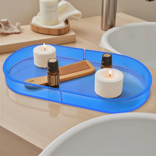 Acrylic Decorative Vanity Tray Perfume Jewelry Trinket Tray for Bathroom Counter Soap Toilet Tank Sink Small Candle Catch All Organizer, 12.6x6.3 Inches, Blue - color: Sky Blue