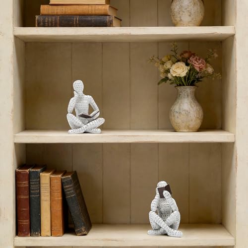 Bookshelf Decor Pulp Reading Thinker Sculpture, Abstract Art Statue Ornaments, Set of 2 Modern Aesthetic Figurine Home Decor Accents for Office Living Room Bedroom Shelf Coffee Table Desk - color: White