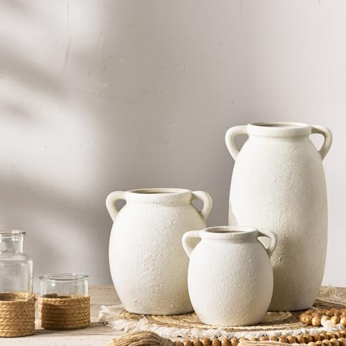 Dobbyby Ceramic Flower Vase 12 inch Farmhouse Rustic Vase Decorative Pottery Terracotta Tall Vases for Home Decor Table Mantle Fireplace Living Room Bathroom Wedding Centerpiece(Large-White) - color: L-antique Off White
