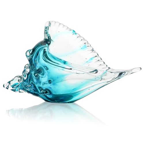 Blown Glass Conch Shell Sculpture, 8.2" Sea Glass Art Decor, Conch Shell Decorative Statues, Seashell Sculpture for Dining Tables, Entryways, Coffee Tables, Living Room, Shelf Fillers Gift for Women - color: Half Blue