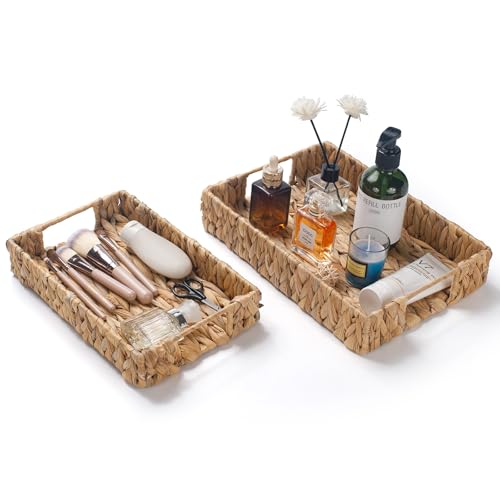 2 Pack Water Hyacinth Tray with Handles, Rectangular Wicker Serving Tray, Woven Serving Basket for Coffee Table, Bathroom, Living Room, Kitchen