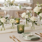 12 Pack Patented Sun Moon Star Embossed Glass Tea Light Candle Holders - Unique Votive Candle Holders for Wedding, Party, and Table Centerpieces (Moss Green) - color: Moss Green