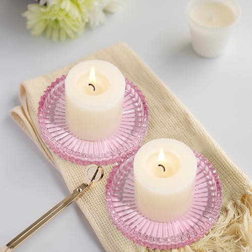 Vixdonos 3.8 Inch Glass Pillar Candle Holder Set Pack 2 Gear Round Plate Serrated Candle Stand for Table Centerpieces,Party, Wedding and Home Decor - color: Pink