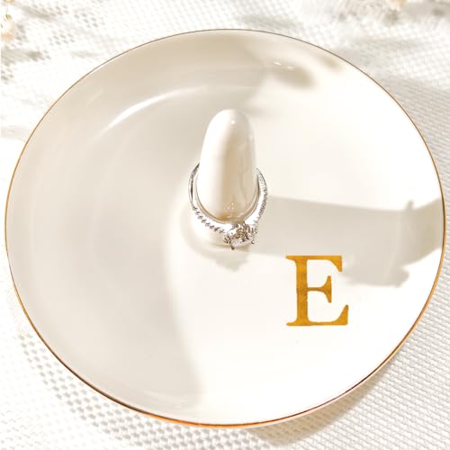 Ceramic Initials Jewelry Tray Ring Dish With Personalized E-Monogrammed Engagement Wedding Gifts, for Birthday Mother's Day for Women, Ceramic White 4.7" x2.4" - style: E