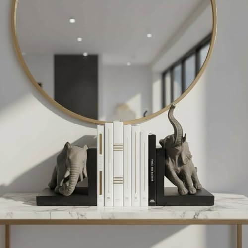 Comfy Hour 12" Gray and Black Elephant Figurine Style Bookends, Rustic Antique Vintage Elephant Statue Home Decor, Heavy Duty Animal Book Stoppers Duo, 1 Pair