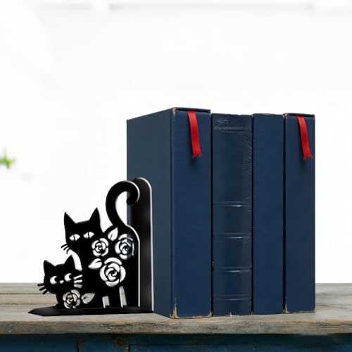 2Pcs 2 Styles Black Metal Cat Bookends Cute Book Stoppers Animal Pattern Black Decorative Heavy Duty Metal Book Ends for Shelves Home Office Desk Organizer Stylish 7.48 x 6.3 x 1.18 Inch - color: Cat