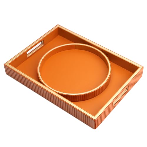 SANZIE Leather Tray Desktop Storage Organizer Premium Serving Tray Decorative Trays Valet Trays for Sundries Cosmetics Phone Wallet Cutlery (Orange Holder with Disc)