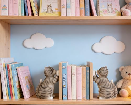 Cute Cat Bookends for Shelves, Heavy Duty Bookends, Decorative Bookends for Kids Books, Non-Skid Design, Grey Cat Statue Enthusiasts Gifts - color: Gray