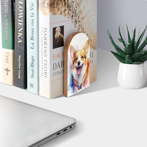 Dog Open Mouth Corgi Book Ends Decorative Wood Bookends for Shelves Kids Room Desk Home Office Book Stoppers for Magazines,Books, DVDs, 1 Pair/2 Pieces(5x3.1 in)