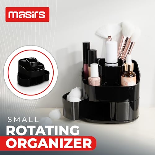 Masirs 360° Rotating Makeup Organizer for Vanity – Small Acrylic Cosmetic Storage Caddy with 5 Compartments, Mini Lazy Susan Turntable for Bathroom Counter, Skincare, Perfume, Brushes, Black - color: Square Black