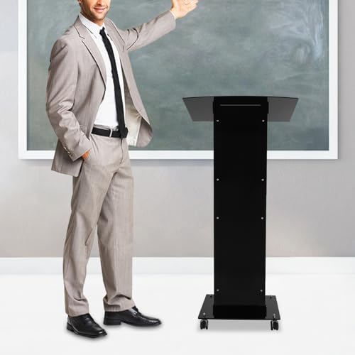 Acrylic Podium Stand with Wheels, 48.42 Inches Speaking Lectern Stand Portable Black Podium Lectern with 23.62 x 17.32 Inches Sloping Tabletop Capacity 33.07lbs for Schools, Churches - color: Black(acrylic)
