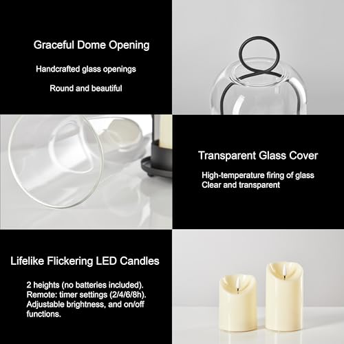 5"&4" Metal Candle Holder with Handmade Glass Dome in Brass & 2 Timer Candles, Set of 2 Versatile Hurricane Glass Candle Holders for Pillar Candles & Plants - color: Black