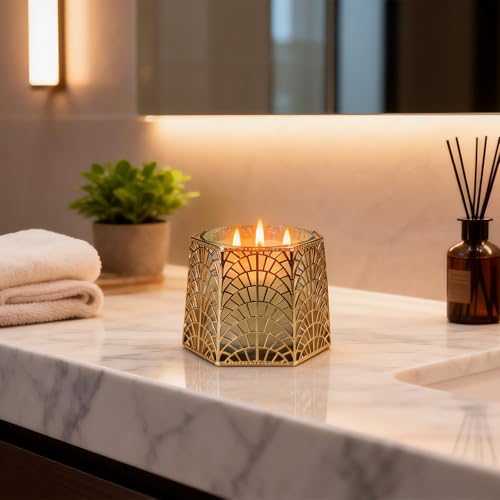 3 Wick Candle Holder, Golden Shell Design Candle Jar Holder for 4-Inch Diameter Jars (5.25" D x 3.5" H) (Golden) - color: Golden