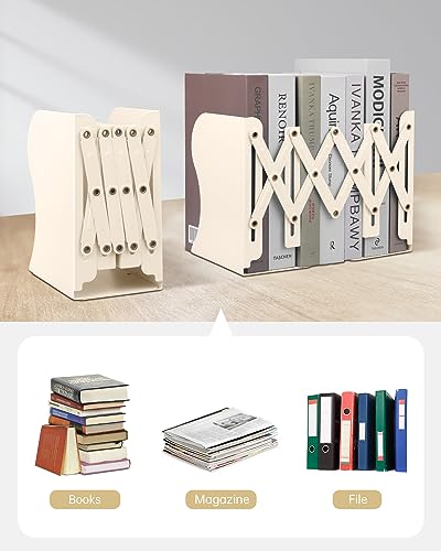 Honagu Adjustable Bookends, Metal Book Ends for Shelves Heavy Book, Desk Magazine File Organizer for Home, Office, Books, Papers, Extends up to 19 inches (Beige) - color: Beige