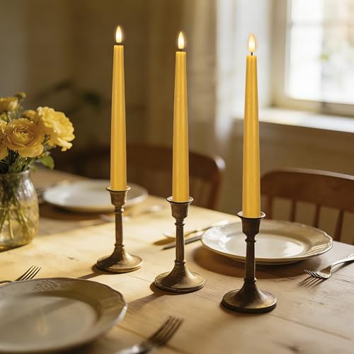 Yellow Flameless Taper Candles with Remote, 9.6 Inches Real Wax Battery Operated Candles, 3 Pack Flickering LED Candlesticks, Tall Taper Fake Candles for Home, Wedding, Party - color: Yellow