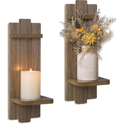 Wall Candle Holder for Farmhouse: Wood Floating Shelves Candle Sconces Wall Decor Set of 2 - Distressed Candle Holders for Small Vase Pillar Candles Tealight - color: Light Brown, size: 15.7in x 5.1in