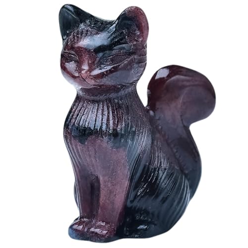 Natural Garnet Crystal Cat Statue 2.4 Inch - Handmade Healing Sculpture, Lucky Guardian Pocket Statue for Reiki Meditation, Office & Home Decoration Gift - color: Garnet