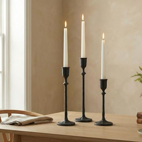 BANOMII Antique Candlestick Holders Set of 3, Cast Iron Taper Candle Holder for Dining Table Centerpiece, Fireplace Mantel Decor, Vintage Tall Candle Stands, Christmas Decorations, Matte Black - color: Black