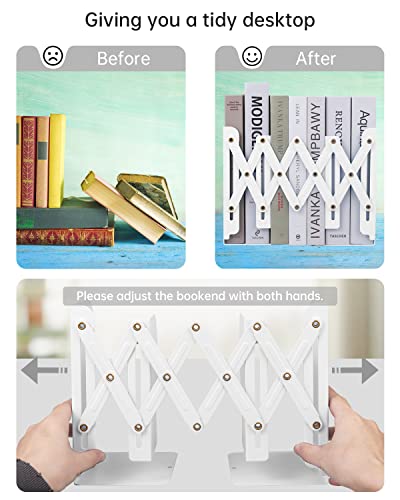 Honagu Adjustable Bookends, Metal Book Ends for Shelves Heavy Book, Desk Magazine File Organizer for Home, Office, Books, Papers, Extends up to 19 inches, for Students,Teachers (White) - color: White