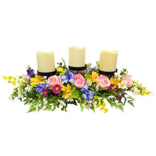 Spring Summer Centerpiece with 3 Candle Holders, 24 Inch Colorful Artificial Wildflower Arrangement with Roses, Daisies, and Irises, Ideal for Farmhouse and Country Style Table Decorations