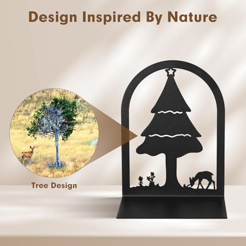 Aertiavty 2 Pcs Bookends for Shelves, Heavy-Duty Morden Tree Book Ends, Non-Skid Metal Bookends, 1 Pair Large Decorative Book Holder for Home and Office, Black Book Stopper, Forest - style: Tree