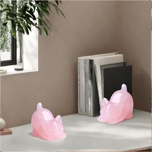 Rose Quartz 2" Cat Crystal Statue Figurines Sculpture Pink Office Home Room Decor for Healing Crystals Lazy Cute Carved Spiritual Natural Gemstones Cat Lover Gifts for Mother Women Lovers - color: Pink-rose