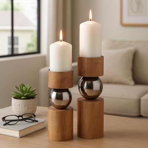 Modern Wood and Stainless Steel Candle Holders - Pillar Candlestick Holders for Table Centerpiece, Shelf, or Bedroom Decor - Decorative Candle Stand Holders for Home Decor Set of 2-13", 11" Tan