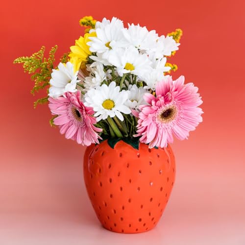 ban.do Vintage Inspired Strawberry Vase, Decorative Ceramic Vase, Large Flower Vase, Unique Strawberry Decor for Home/Kitchen/Office - color: Strawberry