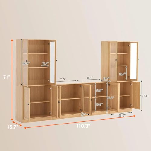 TUSY 71" TV Stand Storage Set - 2 Tall Bookcases & 2 Side Cabinets, Media Console with Glass & Wood Doors, Entertainment Center with Drawers, Tall Media Console for Living Room (Wood, ADDA) - color: Wood