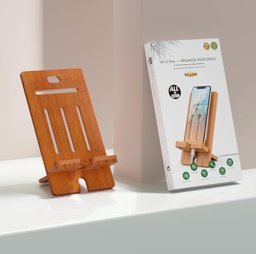 Pezin & Hulin Bamboo Cell Phone Stand, Wood Dock Holder, Portable Desktop Phone Rack, Compatible with Mobile Phone and Tablet -Slim Version (Brown) - color: Slim (Brown)