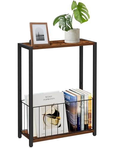 Homleke Narrow Side Table with Magazine Holder, Skinny End Table Perfect for Small Spaces, Space-Saving Design for Living Room, Bedroom, or Office, 7.1" D x 16.9" W x 23.6" H, Rustic Brown - color: Rustic Brown - Standard