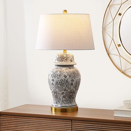 JONATHAN Y 29.5" Gray/White Ceramic Table Lamp for Living Room and Office, White Linen Drum Shade, Traditional Chinoiserie Ginger Jar Lamp, LED Bulb Included (JYL3008B) - color: Gray/White