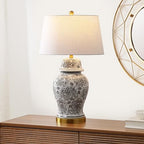 JONATHAN Y 29.5" Gray/White Ceramic Table Lamp for Living Room and Office, White Linen Drum Shade, Traditional Chinoiserie Ginger Jar Lamp, LED Bulb Included (JYL3008B) - color: Gray/White