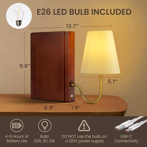 AELS Wooden Bookshelf Lamp with Bulb, Cordless Touch Dimmable Table Lamp with Linen Fabric Shade, Battery Operated, Modern Decorative Bookend, Book Sconce for Office Home Bedroom Bookshelf, Dark Brown - color: Dark Brown, size: Rechargeable Model