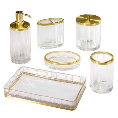 Nicole Miller - Bathroom Set, 3pc Glass Countertop Accessories, Dorm Room Essentials (Louise Collection, Clear) - size: 3pc Bath Set