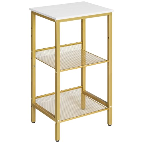 HOOBRO Tall Side Table, 3-Tier Telephone End Table with Adjustable Mesh Shelves, Small Entryway Table with Storage, Small Nightstand for Living Room, Bedroom, Hallway, White and Gold DW01DH01G1 - color: White + Gold