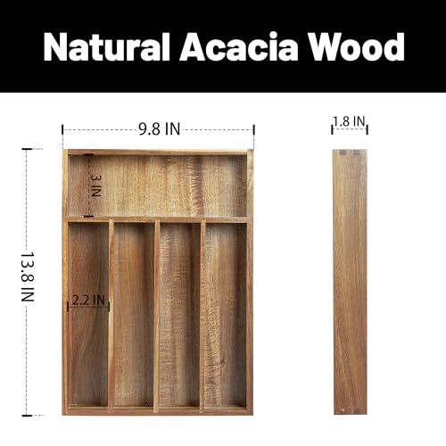 KITEISCAT Acacia Wood Silverware Organizer, Kitchen Utensil Drawer Organizer for Forks, Knives & Spoons, 5-Compartment Cutlery Tray, Flatware Holder - size: 5 Compartments