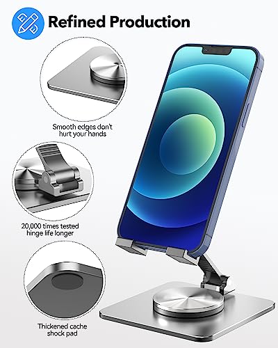 Cell Phone & Tablet Stand for Desk, Aluminum Adjustable Holder for iPhone, iPad & Smartphones || Foldable Mount with 360° Swivel, Stable Base & Portable Design for 4–9.7in Devices, Grey - color: Grey