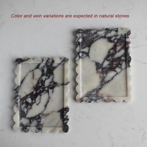 Natural Luxury Scalloped Marble Tray 10.8"x8", Rectangle Vanity Tray for Bathroom Kitchen Counter, Decorative Tray for Dresser Home Decor - Calacatta Purple - color: Calacatta Purple