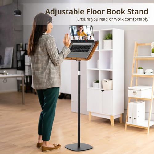 Floor Book Stand Adjustable from 20-51 Inches, Reading Stand with Page Clips, Sit to Stand Wooden Desk with Steel Tube & Base, Music Sheet Stand, Laptop Tablet Holder for Home Office