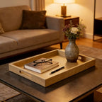 18x12 inches Leather Ottoman Serving Tray with Hole Handles, Rectangle Modern Service Tray for Living Room, Coffee Table, Bed, Tea, Food, Butler Countertop, Kitchen, Dinner, Picnic (Brown) - color: Brown, size: 18" x 12" x 2"