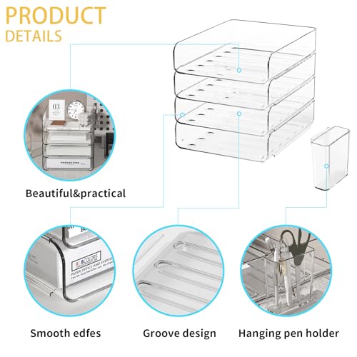 FANXIYQ 4-Tier Acrylic Paper Tray Organizer with Pen Holder | Clear Stackable Desk Organizer for Documents, Letters, A4 Paper | Modern Office/Classroom/Home Organization - color: 4-tier-vertical With Pen Holder