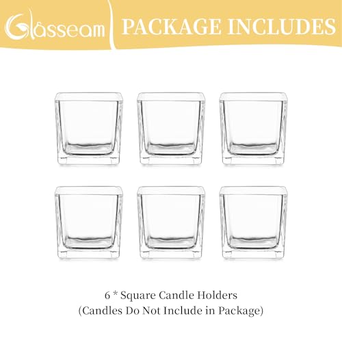 Glasseam Glass Votive Candle Holders: Set of 6 Clear Square Tealight Holder Small Tea Light Holders for Table Centerpiece Wedding Decor
