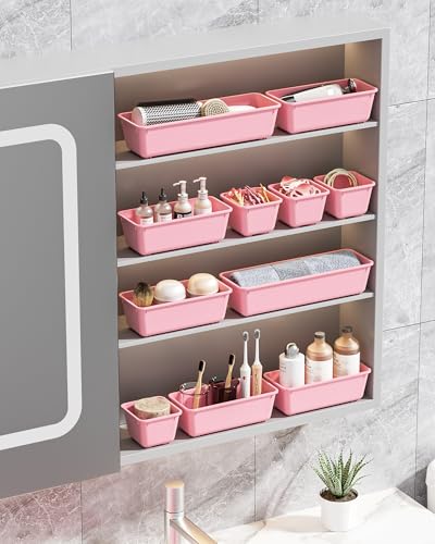 Canfanni 13 Pack Plastic Drawer Organizers Set, 3 Sizes Desk Drawer Organizer Trays for Vanity and Makeup Organizer, Organization and Storage for Makeup, Kitchen Utensils, Bathroom and Office(Pink) - color: Pink