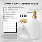 Kitchen Soap Dispenser Set with Instant Dry Tray,16 Oz Hand and Dish Soap White Glass Dispenser Set,Stainless Steel Pump,Waterproof Labels&Dish Brush,Luxury Soap Bottle for Kitchen,Bathroom - color: White Bottle+ Gold Pump