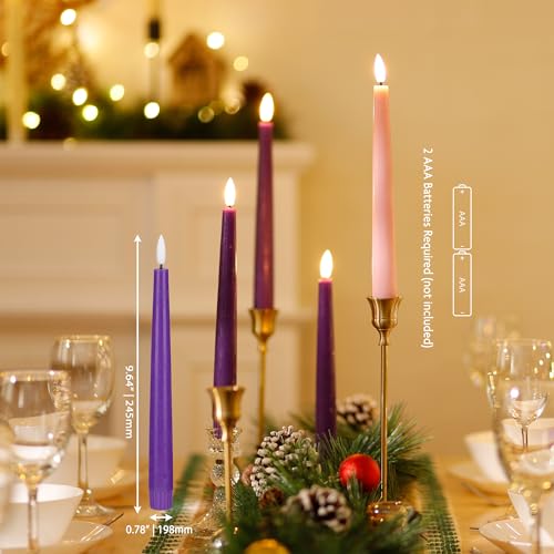 Flamelss Advent Candles, 9.6" Real Wax Flameless Taper Candles with Remote, 4 Pack Flickering LED Candle Battery Operated Candlesticks for Christmas, Catholic, Advent, Wreath, Purple and Pink - color: Purple and Pink