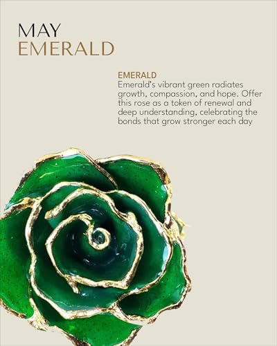 Forever Rose Hand-Dipped in 24K Gold, Emerald-Inspired May Birthstone with Sparkles, Real Rose in Luxury Gold Gift Box & Clear Glass Bud Vase – Perfect Ready to Gift for May Birthday or Any Occasion - color: May Emerald