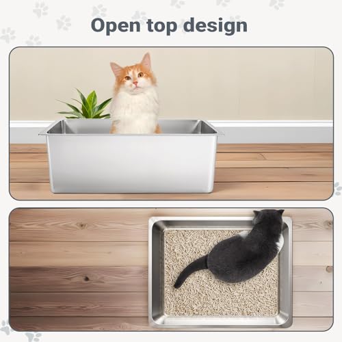 Kirecoo Stainless Steel Cat Litter Box, Large Metal High Sided Cat Pan Box, Indoor Litter Tray, Non Stick, No Smell, Easy to Clean, Pet Toilet Supplies for Cats - size: 19.5*13.6*5.96